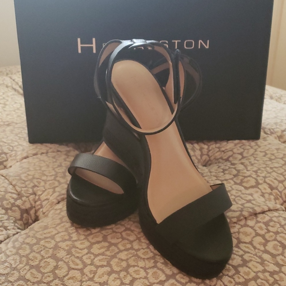 H by Halston Black Leather Wedges